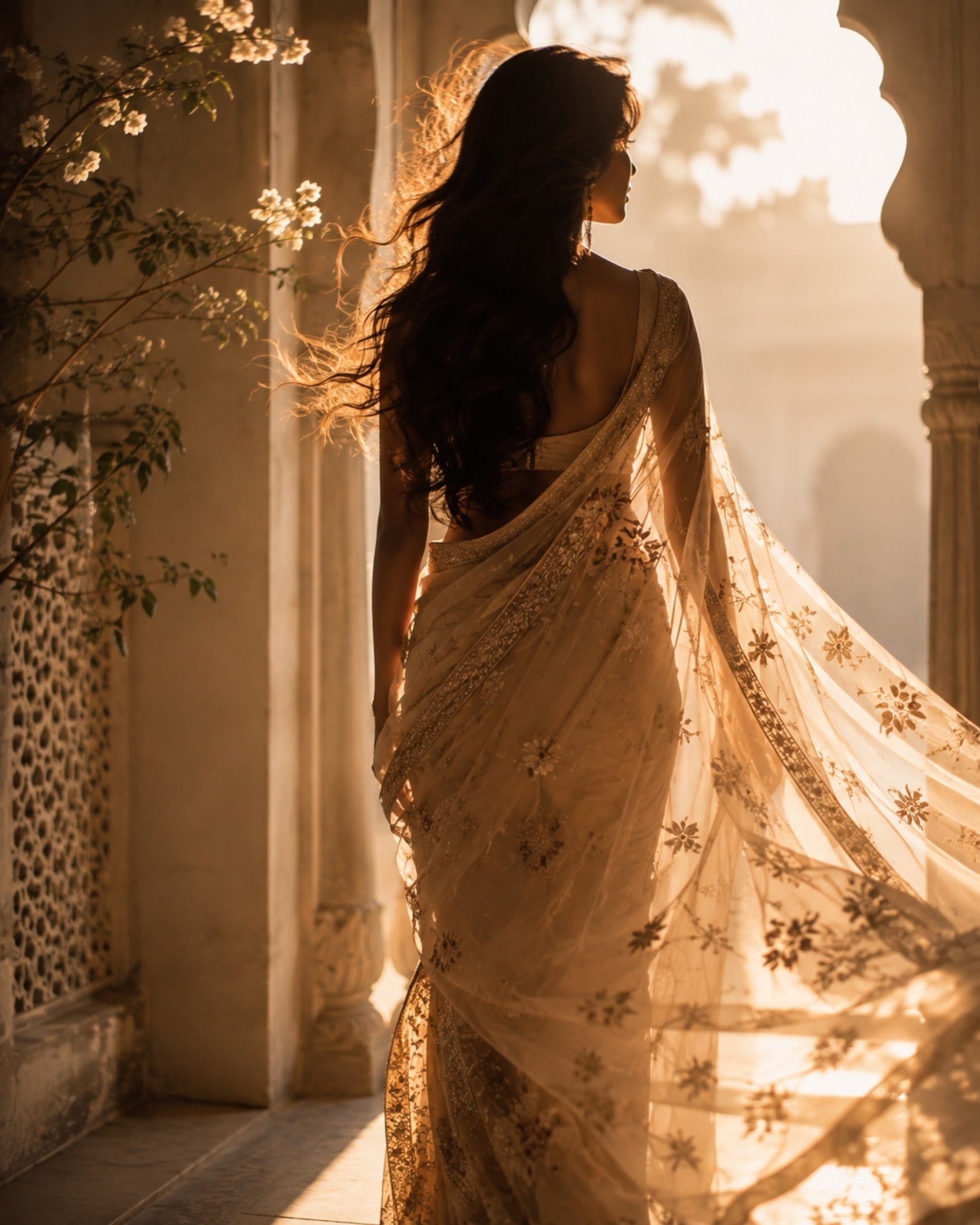 Woman in a sheer embroidered saree walking through warm evening light