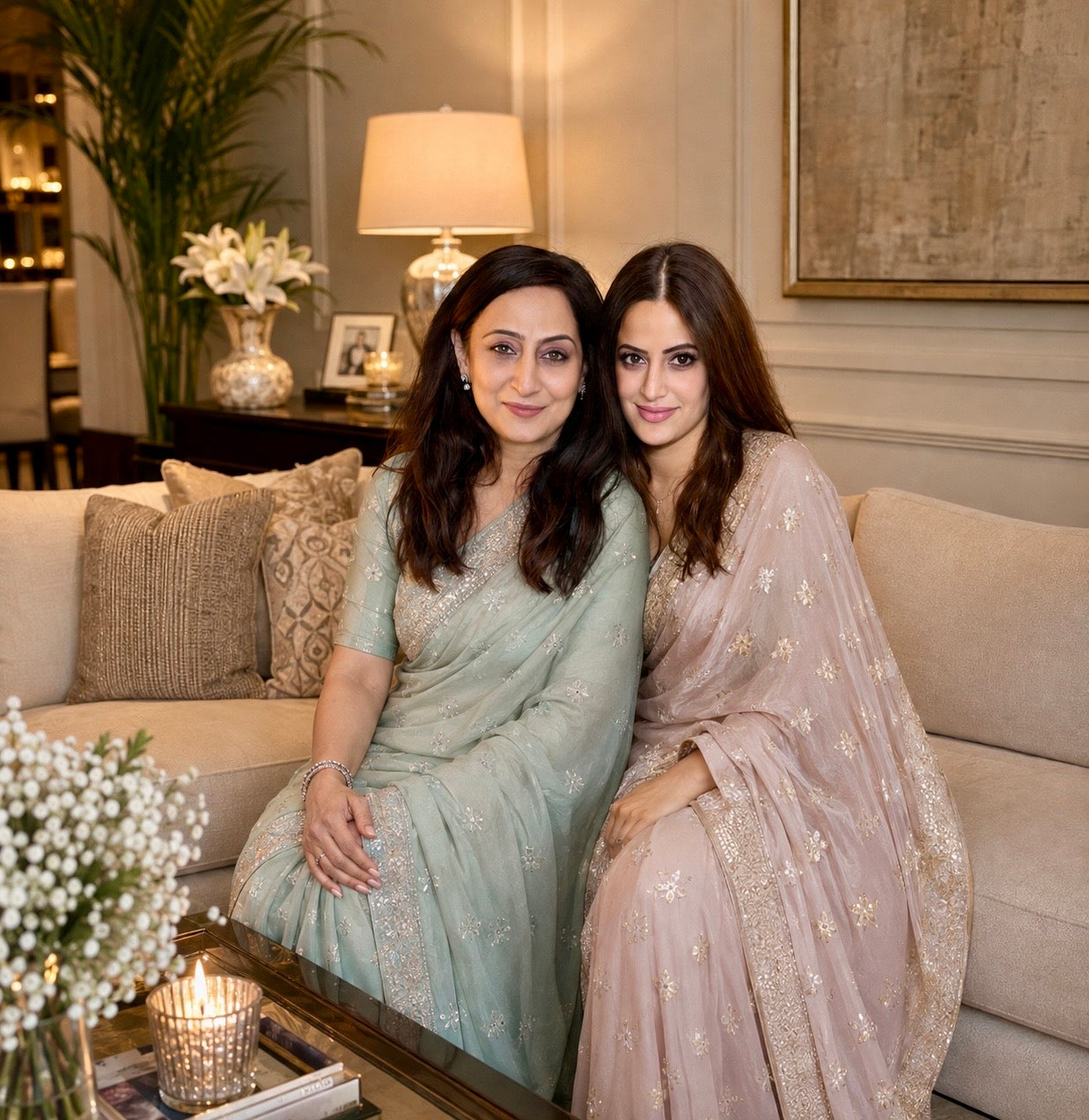 Mother and daughter wearing pastel sarees seated together
